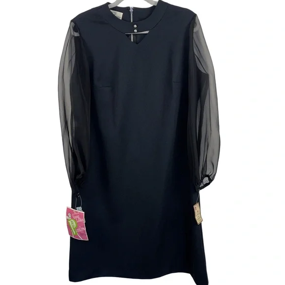 Puritan Forever Young Black Vintage Sheath Dress Sheer Sleeves Rhinestone Collar - Picture 1 of 13